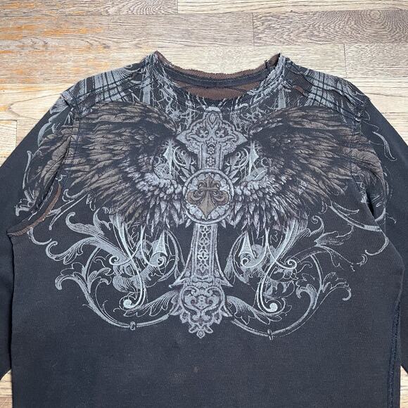 Vintage Affliction Reversible Waffle Knit Distressed Shirt Cross Men XL Y2K 00s - Picture 9 of 16